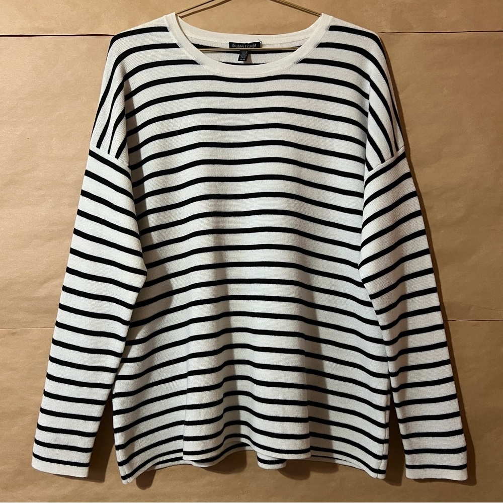 Eileen Fisher Merino Wool Stripe Sweater Oversized Pullover Drop Shoulder Size M